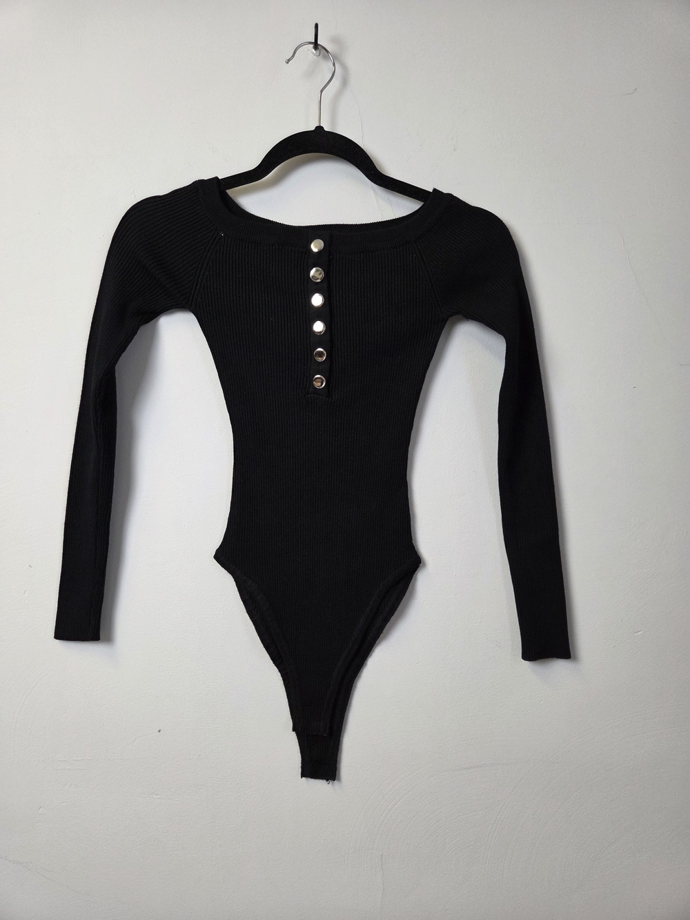 Forever 21 Black Ribbed Long-Sleeve Bodysuit with Button Front